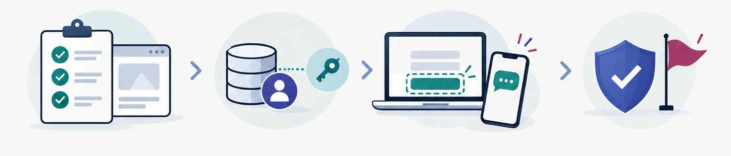 要件を整理し、会員データの照合を準備し、Web画面とSMSをつなぎ、検証して公開する4段階の導入イメージ